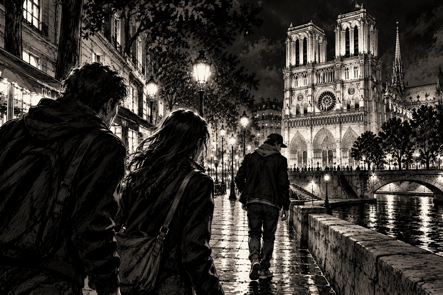 Keyla et Roger suivant un inconnu près de Notre-Dame de Paris
